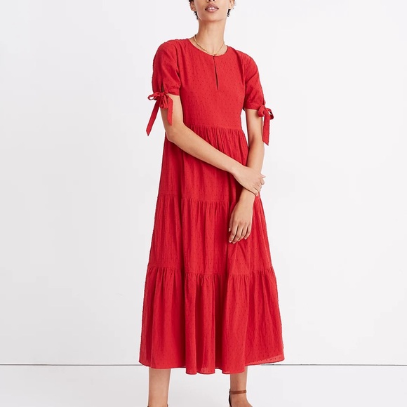 Madewell Dresses & Skirts - Madewell Red Tiered Midi Dress with Tie Sleeves
